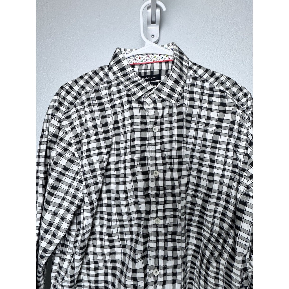 Bugatchi Shirt 2XL Black & White Shaped Fit‎ Plaid Flamingos Flip Cuff Button Up